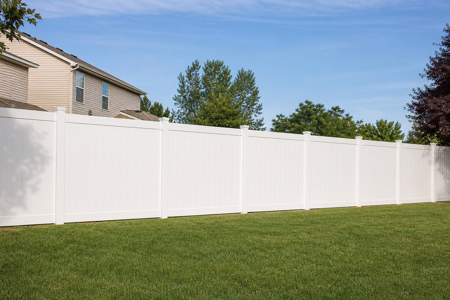 White vinyl privacy fence along a residential lawn